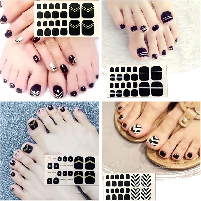 SILPECWEE Toe Polish Strips - Black Full Wraps for Women, Self Adhesive Stickers, Gel Strips for Toenails Decoration With Nail File (20 Sheets)
