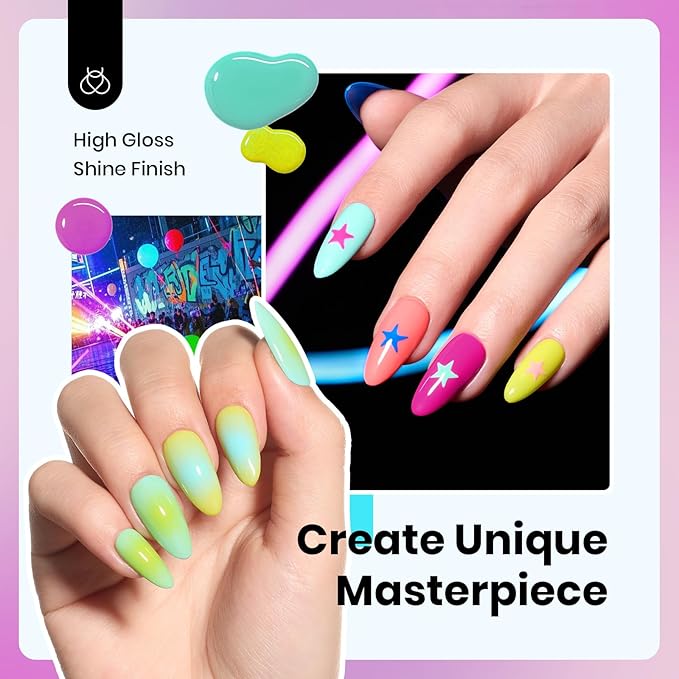 Beetles Neon Gel Nail Polish Set - 6 Colors, 15ML Same Color Bottle, Hema Free Pink Green Coral Purple Blue Neon Gel Nail Polish Set, Soak Off UV Lamp Nail Art, Professional Salon Spring Nails