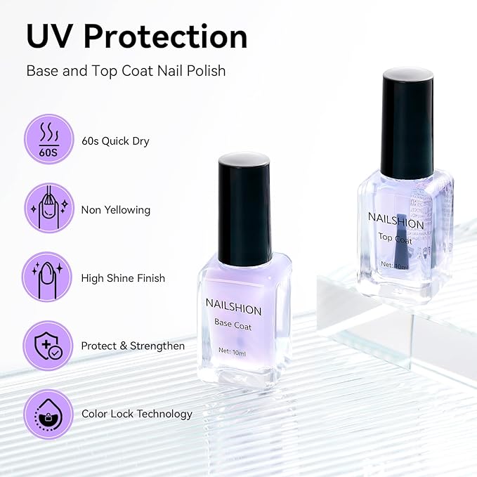 Clear Nail Polish Base Top Coat Anti-UV, 2PCS Rich in Calcium VE Nail Strengthener, High Shine Top Coat Chip Resistant Quick Air Dry Prevents Discoloration, Vegan Cruelty-free