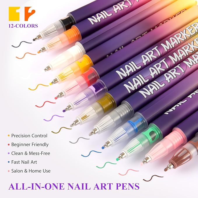 12 Colors Nail Art Pens Set, Nail Art Markers for Painting Nails - 0.5mm Fine Tip Nail Pens for Nail Art, Water-Based Quick Dry Nail Art Supplies Kit, Solid Color DIY Nail Art Tools