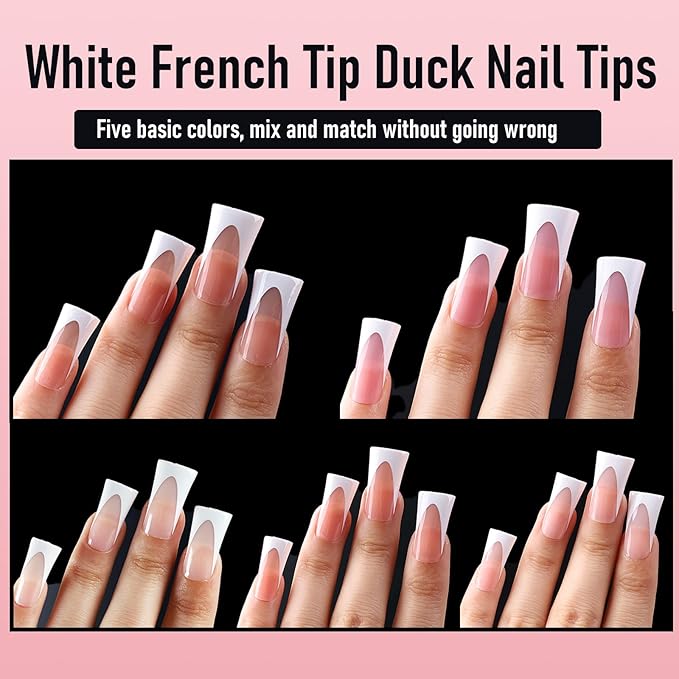 White French Tip Duck Nail Tips, Full Cover No C Curve Medium Wide Acrylic Press Ons Duck Feet Nails, Thick Soft Gel Fake False Nail Extension 12 Sizes 120 Pcs 5 Colors