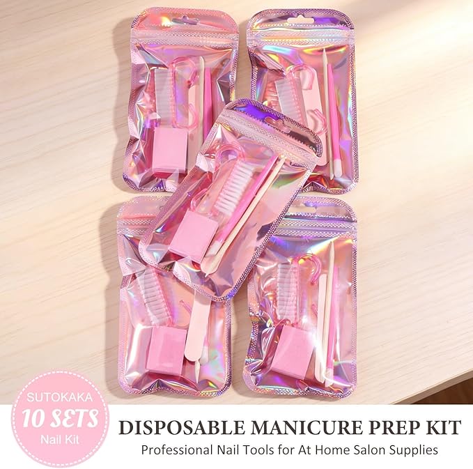 10 Sets Disposable Manicure Prep Kit for Travel Home Portable Basics 5 in 1 Nail Salon Pedicure Kit Professional Nail Tools Supplies