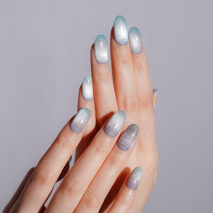 DANNI & TONI Semi Cured Gel Nail Strips Ocean Blue (Verdant Whisper) Magnetic Silver Cat Eye Gel Nail Wraps Flowers 28 Stickers