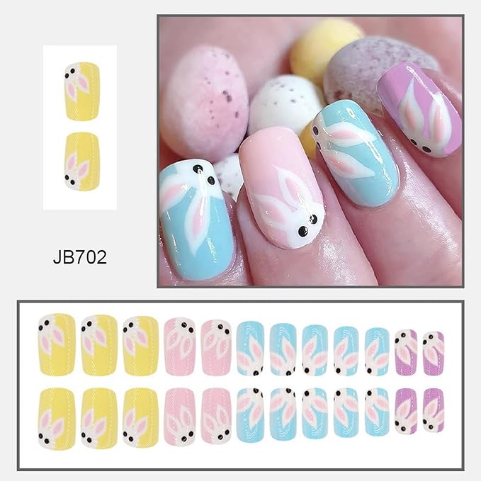 24 Pcs Easter Press on Nails Medium Square Shaped Fake Nails Cute White Bunny Designs Pink Blue Purple Glossy False Nails Easter Rabbit Nail Art Decor Full Cover Acrylic Nails for Women DIY Manicure