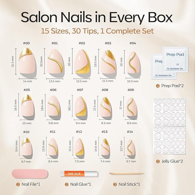 Modelones French Tip Press on Nails Almond, Short Almond Fake Nails, Semi-Transparent Soft Nail Kit with Nail Glue Adhesive Tabs Nail File, Spring Nails Press Ons 30Pcs 15 Sizes, Golden Line