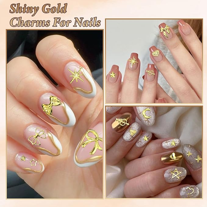 Gold Nail Charms Pearls, Heart Bow Nail Art Charms, Metal Cross Star Moon Nails Studs, Half Round Flatback Nail Pearls Charms, Caviar Nails Beads Charms for Nails Design DIY Craft