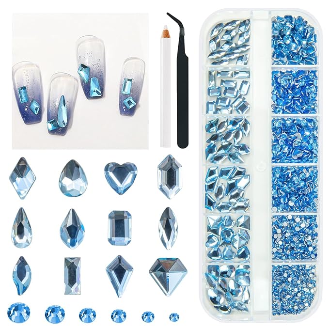 2052Pcs Light Blue Nail Rhinestones Baby Blue Big Gems 72 Multi Shapes K9 Glass Diamonds Flatback Round Beads Stones Crystals Jewels Nail Art Charms for Nails Faces Eyes Makeup Tumblers Crafts
