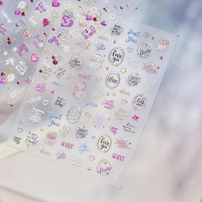 5D Embossed Valentines Nail Art Stickers Self-Adhesive Letter Nail Stickers Retro English Alphabet Heart Star Circle Designs Cute Nails Valentines Day Nail Decals for Women Manicure Supplies DIY