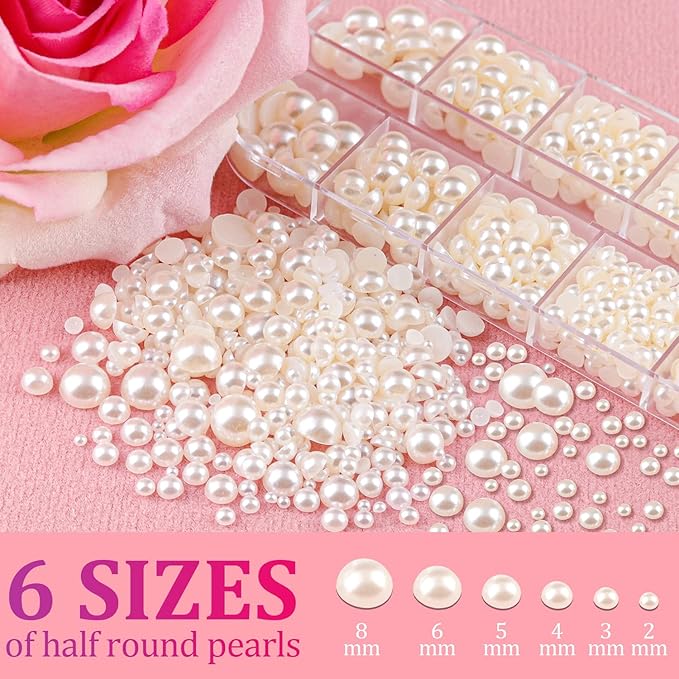 Belleboost Flat Back Pearls Kits 2 Boxes of Flatback Beige Half Round Pearls with Pickup Pencil and Tweezer for Home DIY and Professional Nail Art, Face Makeup and Craft