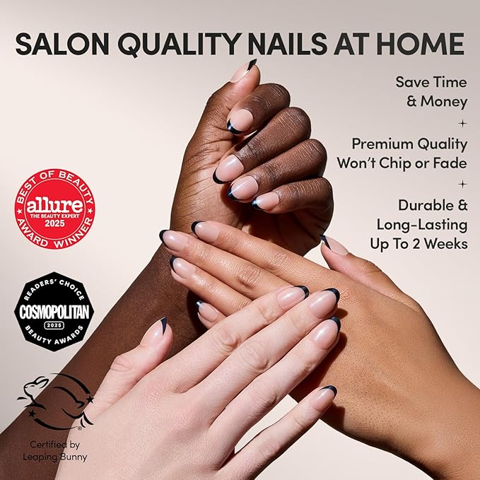 Glamnetic Press On Nails - Smoke Salt | Short Oval Black French Tip Fake Nails, Salon Quality French Manicure | 15 Sizes - 30 Nail Kit with Glue