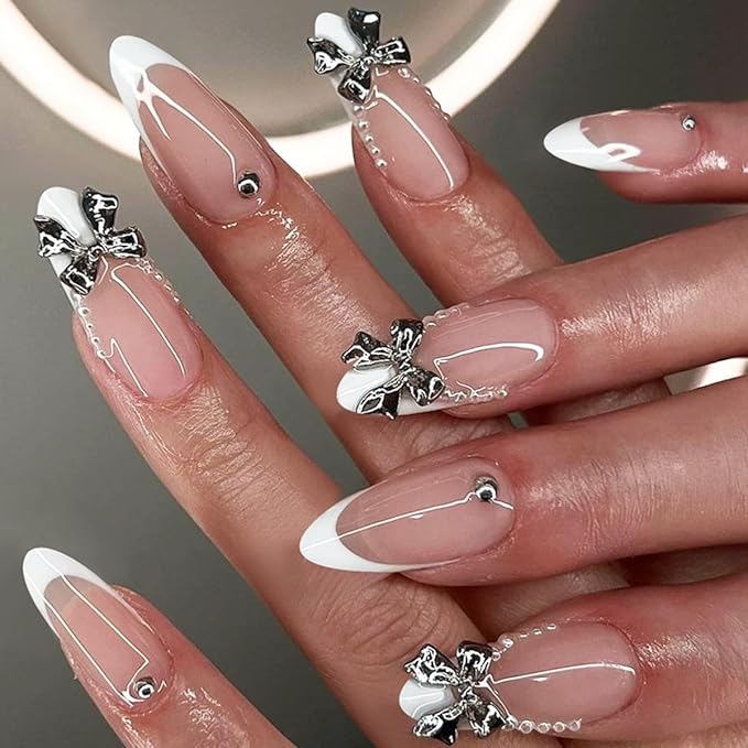 White French Tip Press on Nails Medium - Almond Fake Nails with Silver Bow Design - Glossy Full Cover Stick on False Nails for Women 24 Pcs