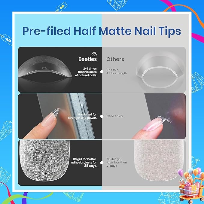 Beetles Gel Nail Kit Etch-X, Almond Short, 504pcs 12 Sizes Nail tips, with 9 in 1 Nail Glue Mini LED Light, Acrylic Half Matte Tips Press On Nail, Extension DIY Set at Home, Gift for Women & Girls