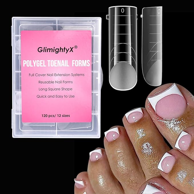 Polygel Dual Nail Forms for Toes, GlimightyX Polygel Toenail Molds Square Shape For Nail Extension Reusable, Pre-designed French Line Salon Home DIY Nail Art Supplies,120Pcs 12 Sizes