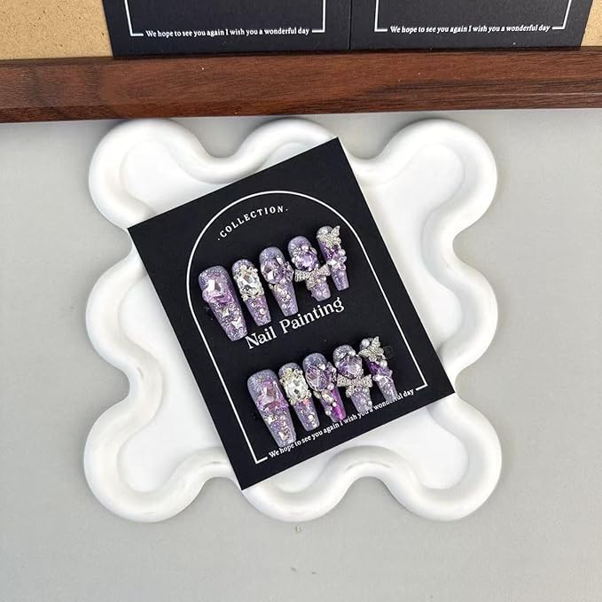 100% Handmade Press on Nails Diamond Long Coffin Fake Nails Purple Glitter False Nails with Rhinestone Design Silver Butterfly Nail Charms Glue on Nails Handmade Nail Press ons for Women Size L