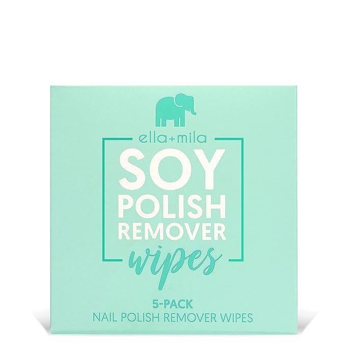 ella+mila Soy Nail Polish Remover Wipes - Non-Acetone, Non-Toxic Fingernail Polish Remover Pads - Travel Size, Individually Wrapped, Lint Free - Enriched with Vitamins (5 Pack)