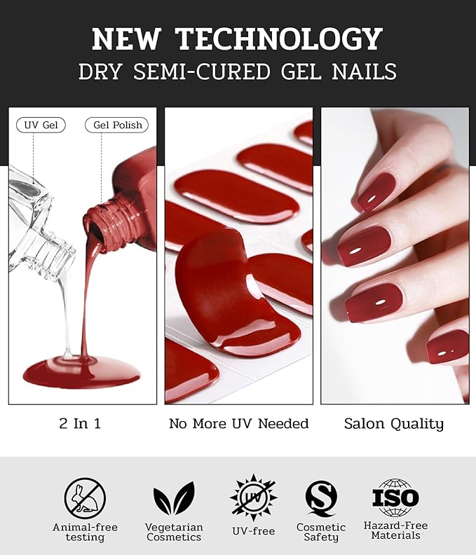 Nail Polish Strips (No UV Lamp Needed) - 22 Pcs Salon Quality Gel Nail Stickers - Long Lasting Wraps (Rust)