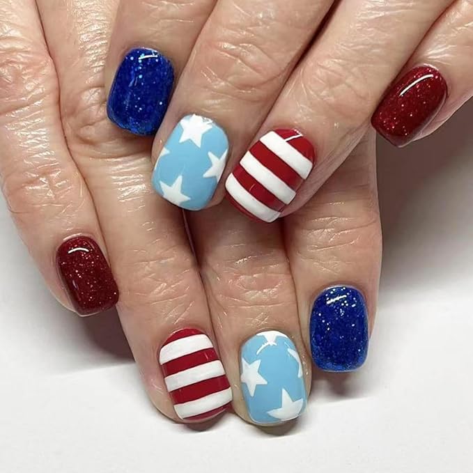 Independence Day Press on Nails Short Square False Nails with Star Designs Striped Fake Nails Glossy Red Blue Acrylic Nail Full Cover 4th of July Stick on Nail for Women Girls Manicure 24Pcs