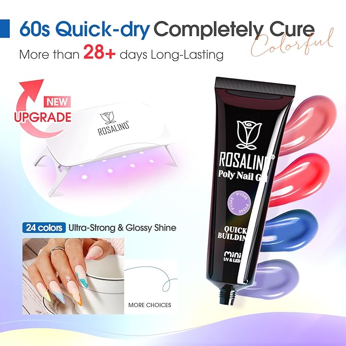 ROSALIND Poly Nail Gel Kit -24 Colors with Accessories Neon Poly Nails Gel Starter Kit with Slip Solution Mini UV Lamp Base Top Coat, Christmas All Seasons Classic Colors Poly Extension Gels Nails Kit