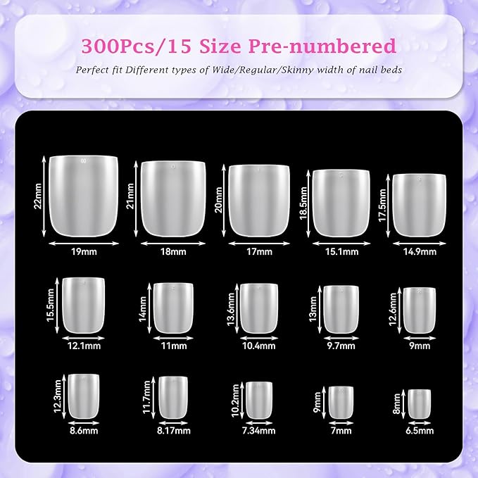 outopen 300pcs Wide Square Toe Nail Tips Full Matte Toenail Extension Tips for Wide Nail Beds Full Cover Nail Art Tips for Toes Acrylic Extension Gel Tips for Beginners DIY Manicure, 15 Sizes