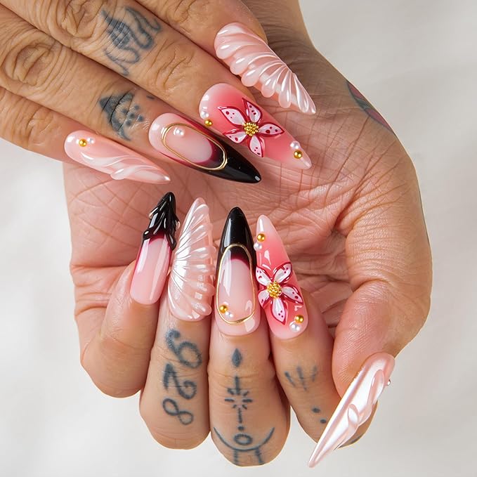 LOVFUL Short French Tip Press on Nails Crimson Veil | Handmade Acrylic Press ons| Reusable Fake False Nails | Stiletto Classic Regular 1.3in | H707-S