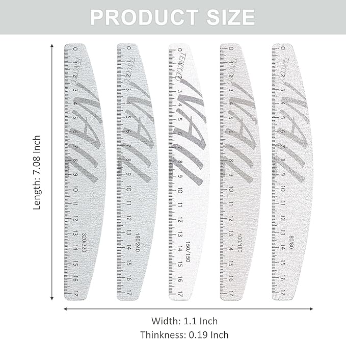 5Pcs 80/100/150/180/240/320 Grit Nail Files and Buffers with Measuring Scale Double Sided Emery Boards Washable Reusable Fingernail Coarse Files Professional Manicure Tools