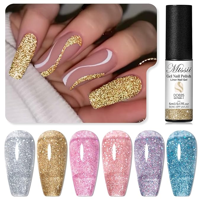 MTSSII Reflective Glitter Liner Nail Gel, Paint Gel With Thin Art Brush In Bottle, Sparkly Liner Nail Art Polish, Painting Polish for Swirl Nails Cyber Punk French Acrylic Nail