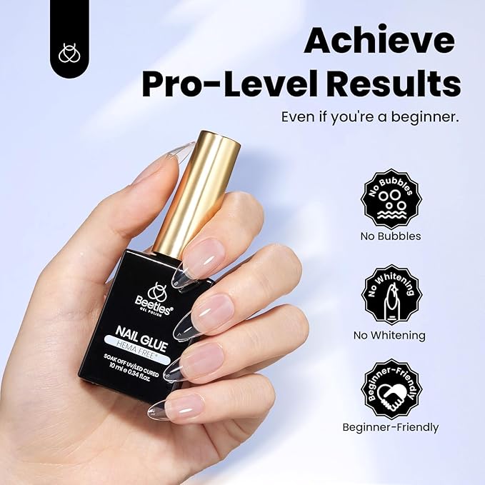Beetles HEMA-Free Nail Glue Gel - 10ml TPO Free Super Strong Brush U V Nail Glue for Acrylic and Clear Press On Nails, Long Lasting Extension Gel Curing Needed