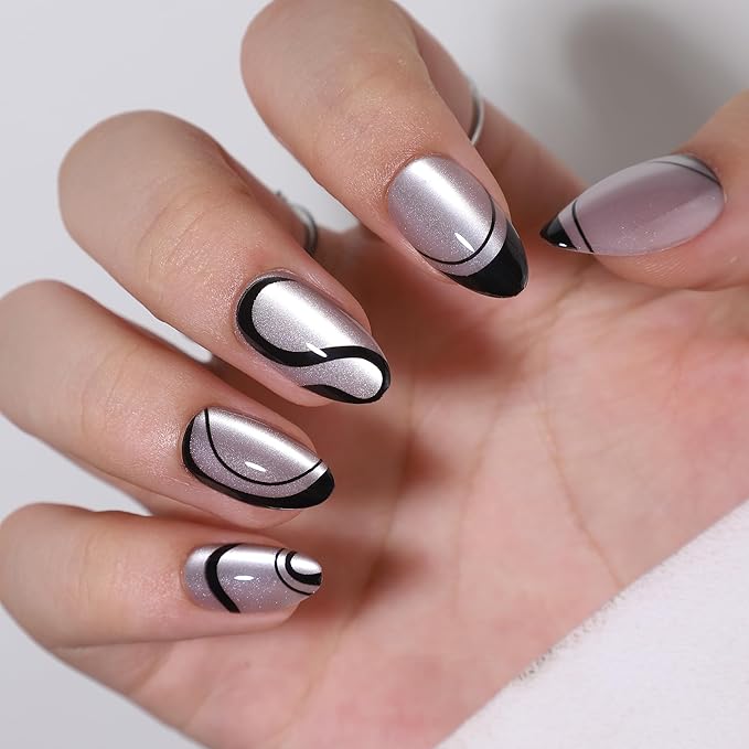 Gel Press On Nails- Almond Press On Nails, Short Fake Nail with Black French Tip Nail Designs, Artificial Nail 16 Sizes - 32Pcs Reusable Soft Gel False Nail Tips Kit，Glue On Nail Short