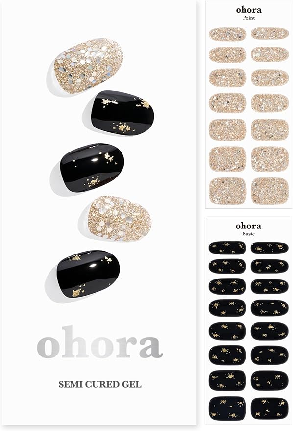 ohora Semi Cured Gel Nail Strips (N Dazzling Night) - Black, Glitter, Works with Any UV/LED Lamps, Salon-Quality, Long Lasting, Easy to Apply & Remove - Includes 2 Prep Pads, Nail File & Wooden Stick