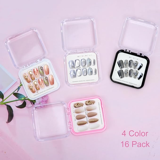 16 Pcs Press On Nails Storage Box, Press On Nail Packaging with 60 Pcs Adhesive Double Sided Tape and Cardstocks, Fake Nail Holder Nail Case for Nail Display Nail Salon Supplies Nail Art