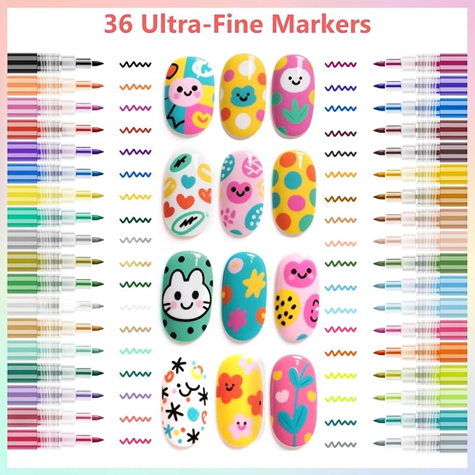 36 Colors Nail Art Pens Set, 3D Nail Polish Pens Quick-Drying Acrylic Paint Markers For Nail Art Drawing Painting Nail Point Dotting Liner Pen, Nail Design Kit Manicure Tools Home & Salon DIY