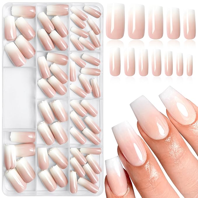 AddFavor 240pc Ombre Press on Nails Long Square, Acrylic Fake Nails Press ons Nail Tips Square Stick on Nails with Nail Glue and Adhesive Tabs for Women