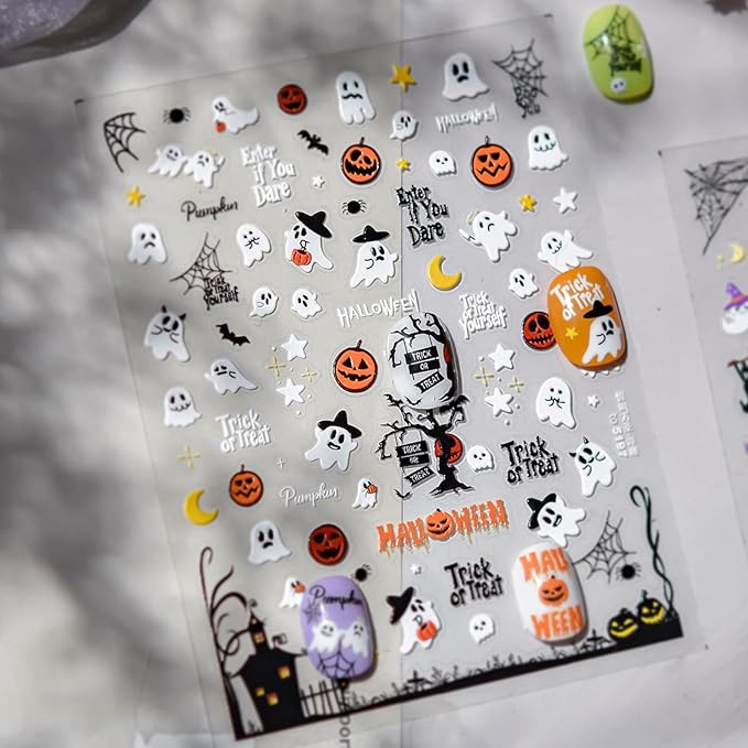 Halloween Nail Stickers 3D Self-Adhesive Cute Ghost Haunted House Nail Art Stickers Pumpkin Spider Web Nail Decals Moon Star Nail Designs Holiday Nail Art Decoration for Women Girls Manicure 1 Sheet