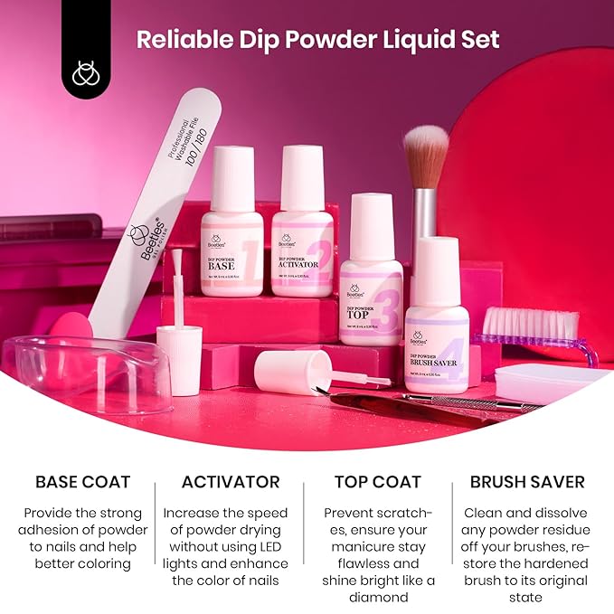 Beetles Pink Dip Powder Nail Kit, 7 Colors Hotpink Clear Pink Lightpink Deeppink Red Dip Powder Starter Kit with Liquid Set Recycling Tray with Base & Top Coat Activator for French Nail Art Manicure