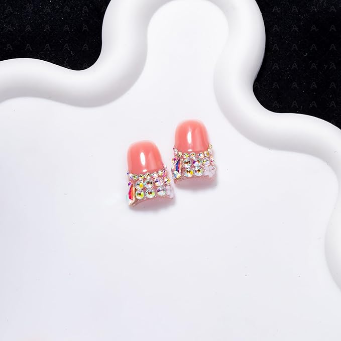 10 Pieces Luxury Y2K Acrylic Press On Nails Short Handmade Duck Nails, Green Thickened French False Nails With Bling Rhinestones, Reusable Fake Nails, Acrylic Nails (S)