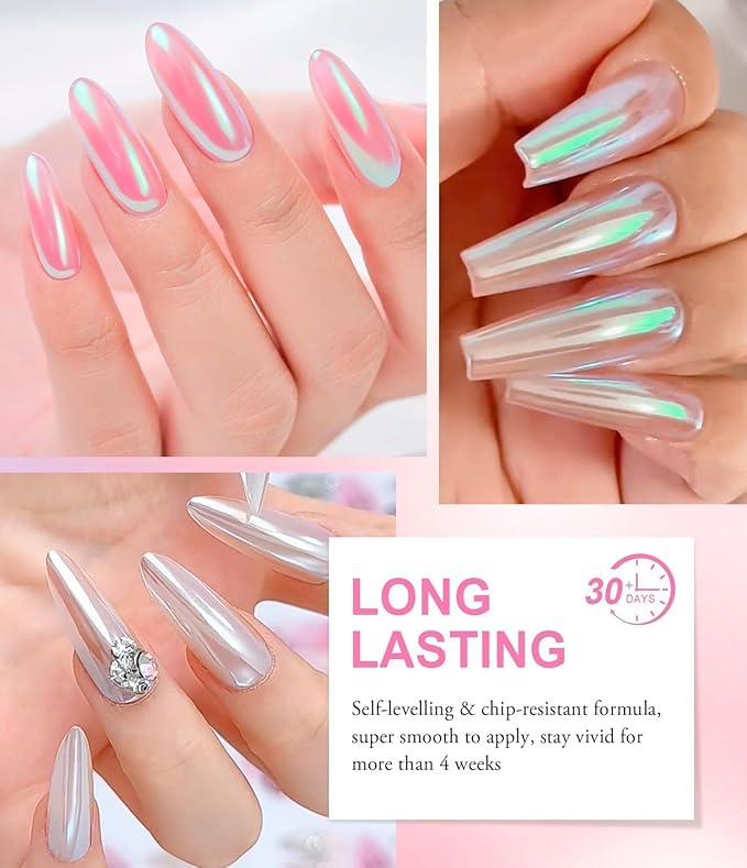 4pcs Chrome Nail Powder: Upgrade Silver Mermaid Effect White Chrome Nail Powder,Iridescent Aurora Holographic Nail powder Kit for DIY Nail Art Decorations(Laser,Green)