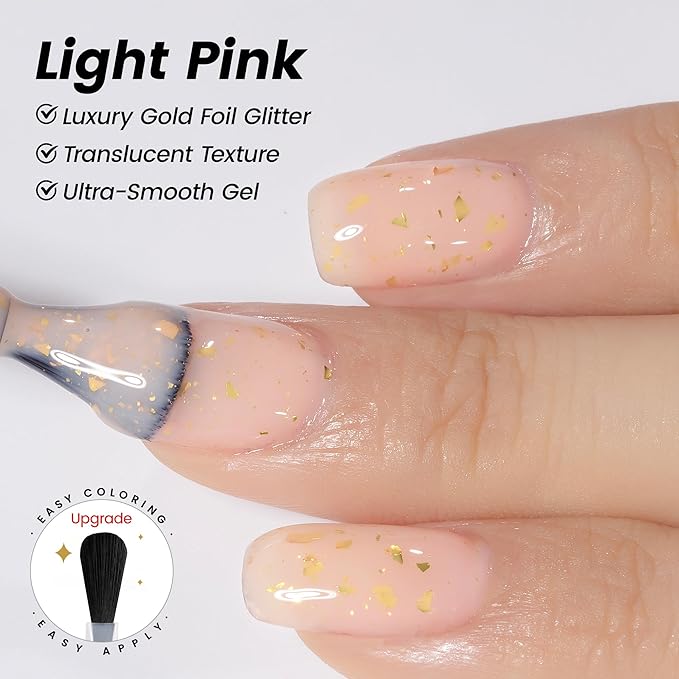 YTD Likomey Nude Gel Nail Polish,15ml Nude Pink Gold Foil Translucent Neutral Jelly Sheer Gold Flakes Pastel Pink Glitter Salon Home DIY Nails Art UV Nail Gel Varnish,LS09