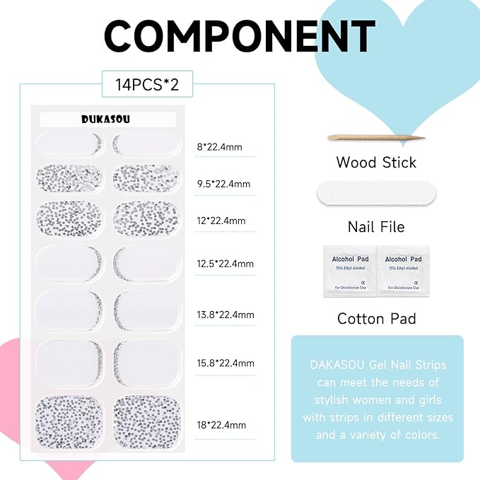 Semi Cured Gel Nail Strips, 28 pcs Gel Nail Stickers, Work with Any UV Lights, Shinny French Long-Lasting Nail Wraps, Stick on Nails for women Easy to Apply & Remove