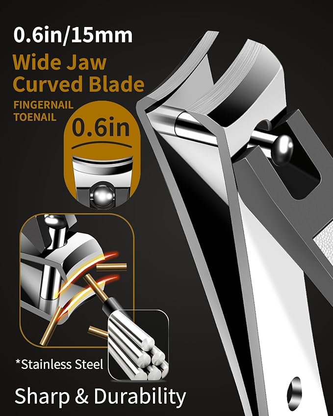 Large Nail Clippers, 15mm Ultra Wide Toenail Clippers, Stainless Steel Fingernail Clipper Built in Nail File, Curved Blade Toe Nail Cutter Trimmer for Men or Women