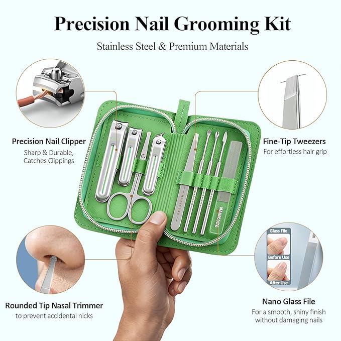 9-in-1 Manicure and Pedicure Kit for Men & Women, Travel Nail Clipper Set with Stainless Steel Tools & Glass Nail File, Portable Grooming Kit in PU Leather Case, Personal Care Gift