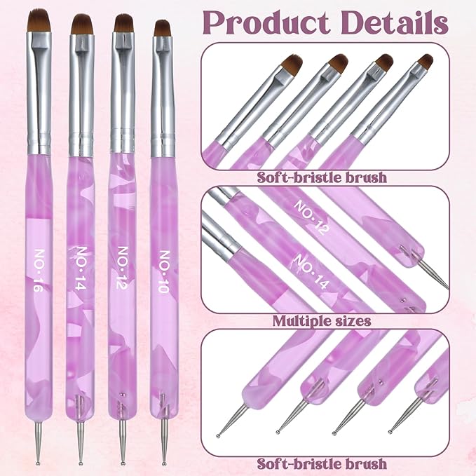 4 Pcs Nail Clean Up Brush French Gel Acrylic Nail Art Brushes Two Way French Tip Brush with Dotting Professional Manicure Tool for Cuticle Clean up Detailed Designs Dotting Pen (10#, 12#, 14#, 16#)