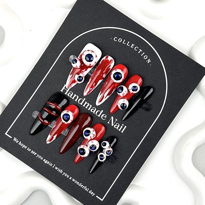 Halloween Handmade Nails Almond Long Stick on Nails Horror False Nails with 3D Bloody Eyes Designs Red Black Acrylic Nail Full Cover Thick and Muti-Layer Gel Fake Nail for Women (S)