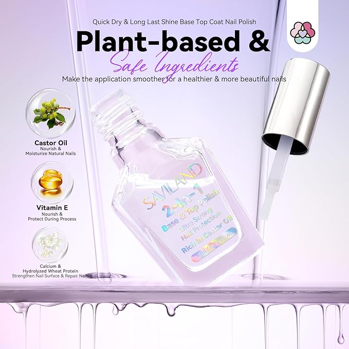 SAVILAND Clear Nail Polish Base Top Coat: 2 in 1 Quick Dry Nail Polish Long Lasting Fingernail Toe Polish Color Protection Resists Smudging, Chipping and Fading Shine Finish Polish Salon Home Nail Art