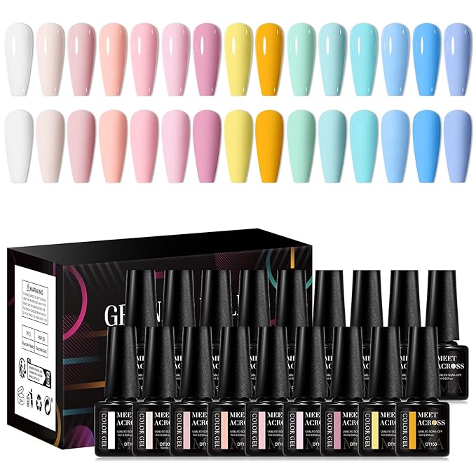 MEET ACROSS 18PCS Nude Gel Nail Polish Set Macaron Gel Polish Kit Pink Orange Sky Blue Nail Polish Set Spring Summer Gifts for Women 15 Colors