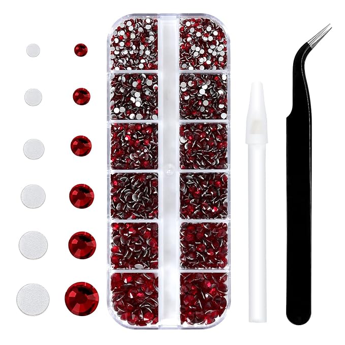4240Pcs Dark Red Flatback Rhinestones 6 Sizes Crystal Diamonds for Nail Art Crafts Clothes Shoes with Tweezers and Picking Pen