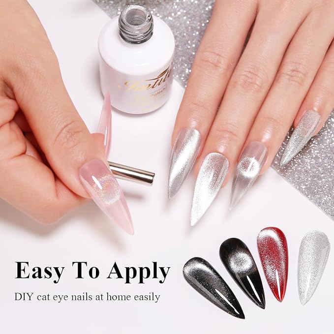 Imtiti Silver Cat Eye Gel Nail Polish, 15ML Silver Holographic Glitter Cat Eye Gel Polish with Magnet UV LED Magnetic Gel Nail Polish Clear Galaxy Sparkly Home DIY Manicure Nail Kit