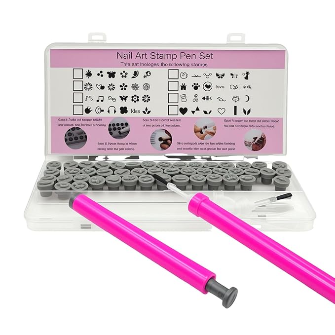 56pcs Nails Art Stamp Pen Set, Containing 48 Kinds Of Nail Stamp Patterns, 1 Stamp Pen, 1 Brush Pen, Three Kinds (Two Of Each Kind) Replaceable Brush Heads, Suitable for DIY Design Nails Set