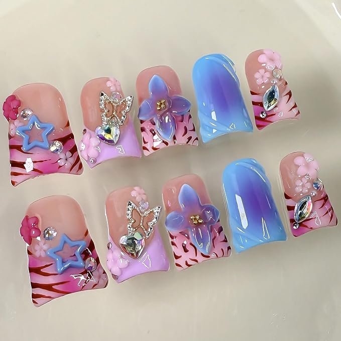 Luxury Press on Nails Short Duck Handmade 3D Unique Reusable ABS Material Fake Nails French Tip False Nails with Designs Stars Flower Butterfly Rhinestones Glossy Glue on Nail Thick Acrylic Nail(M)