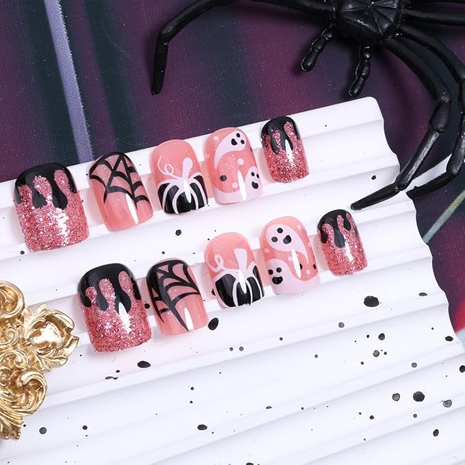 24Pcs Halloween Pink Press on Nails Short Square Fake Nails with Cute Ghost Pumpkin Spider Web Design Red Glitter False Nails Full Cover Artificial Glue on Nails Halloween Stick on Nail for Women DIY