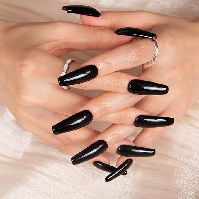 LOVFUL Press on Nails Red Sole Black Red | Handmade with Full Covered Crystals | Reusable Full Cover Nails | Coffin Classic Regular 1.3 in | H22-L